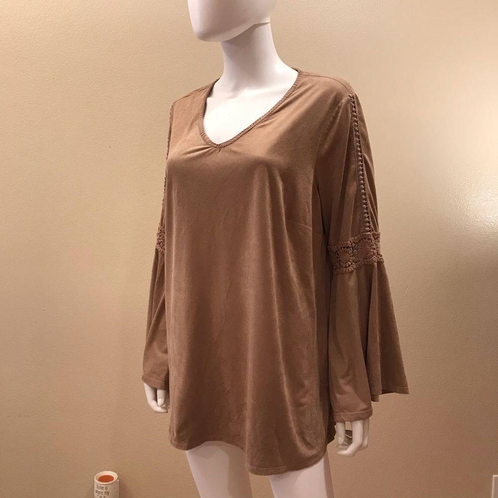 New Directions Faux Suede Brown Top Womens Plus Size 0X XL Bell Sleeve Retro - Picture 13 of 15